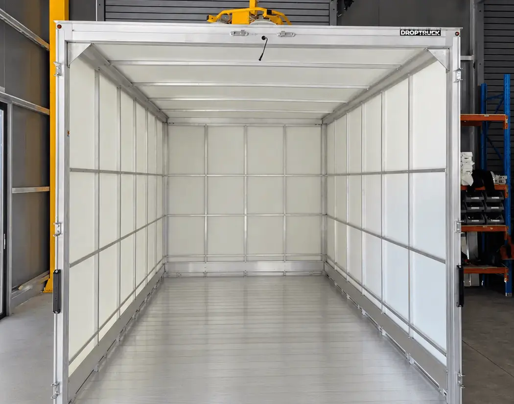 Interior of a DROPTRUCK body showing its aluminium frame and floor