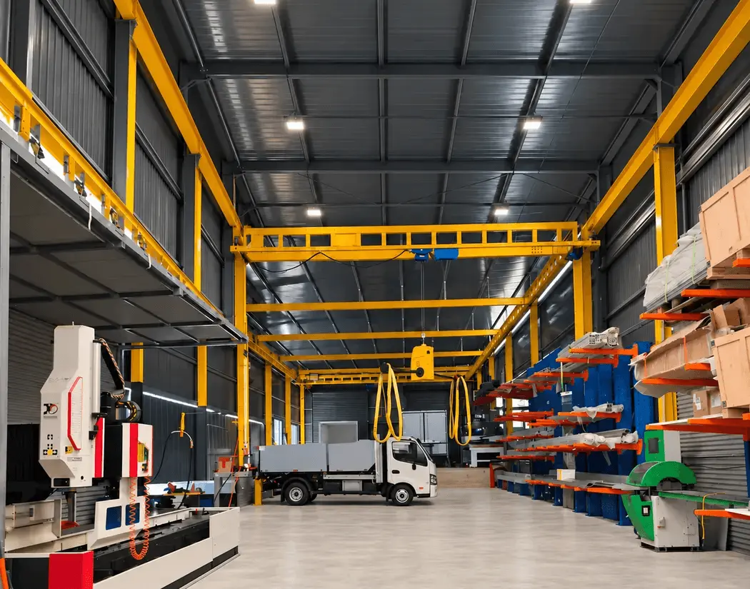 DROPTRUCK manufacturing workshop with overhead cranes and a truck